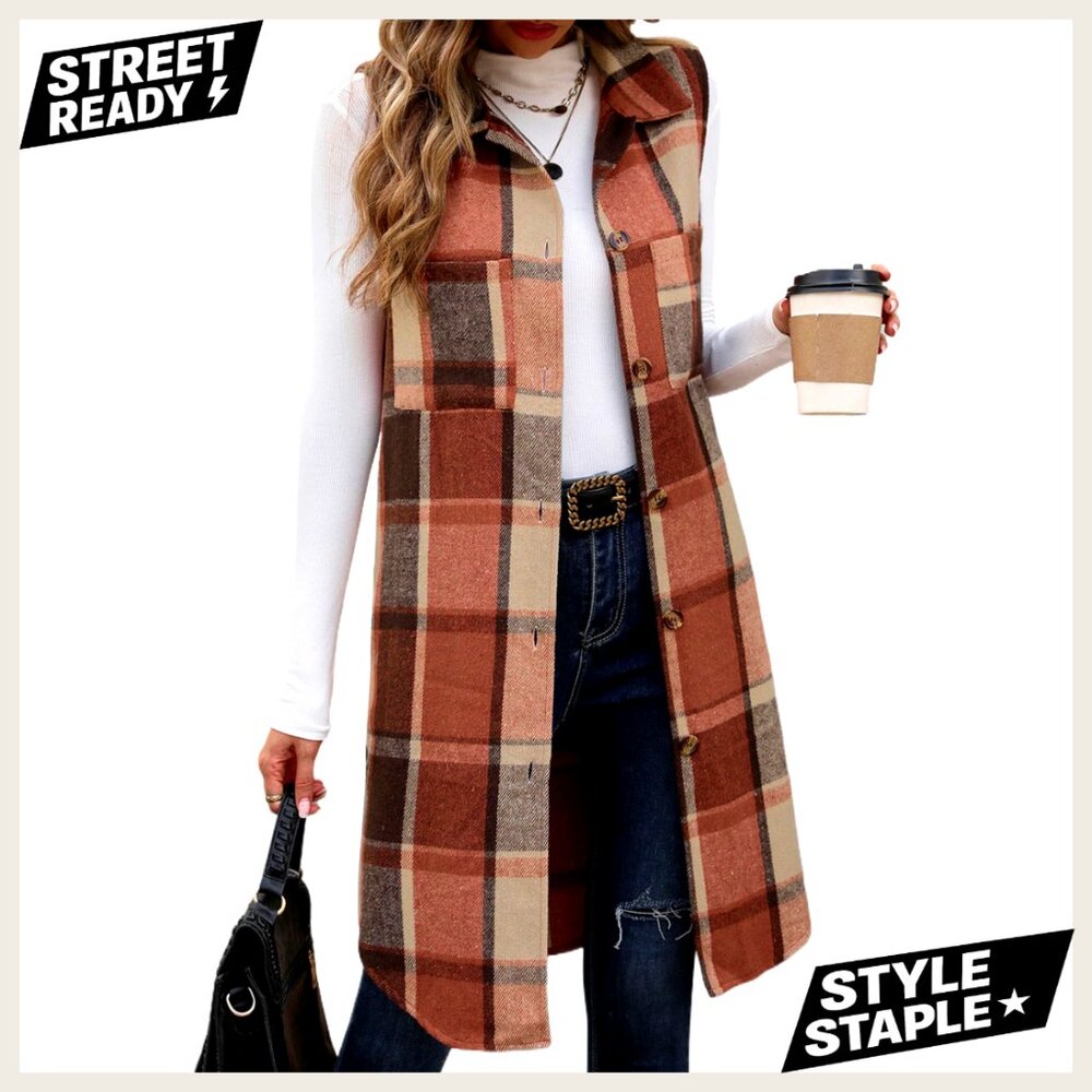 Long Flannel Plaid Vest Sleeveless Shacket with Pockets Button Down